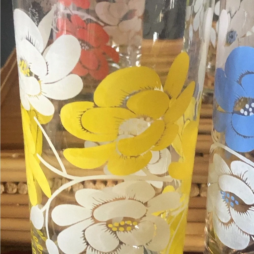 Vintage Federal Glass Wildrose Tumblers Drinking Glasses Multicolor Floral 6